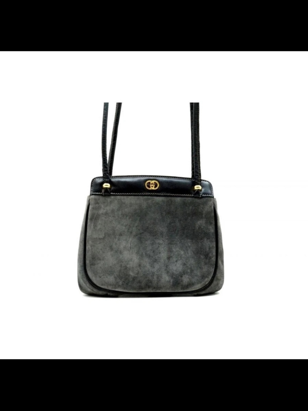Gucci Gray Suede Shoulder Bag with Black Leather Trim and Gold Accent